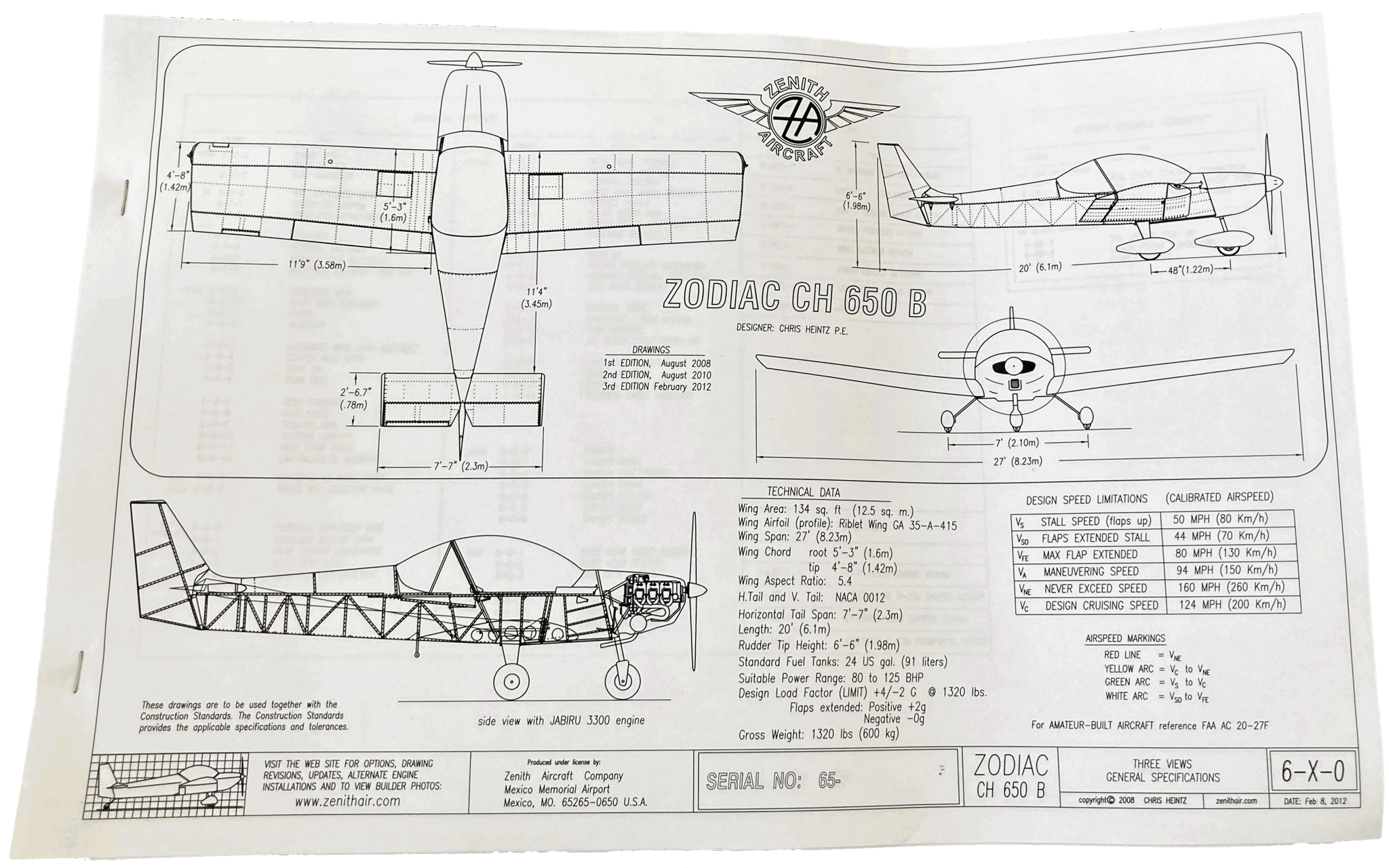 Front page of drawings for Chris Heintz's ZODIAC CH 650 B.
